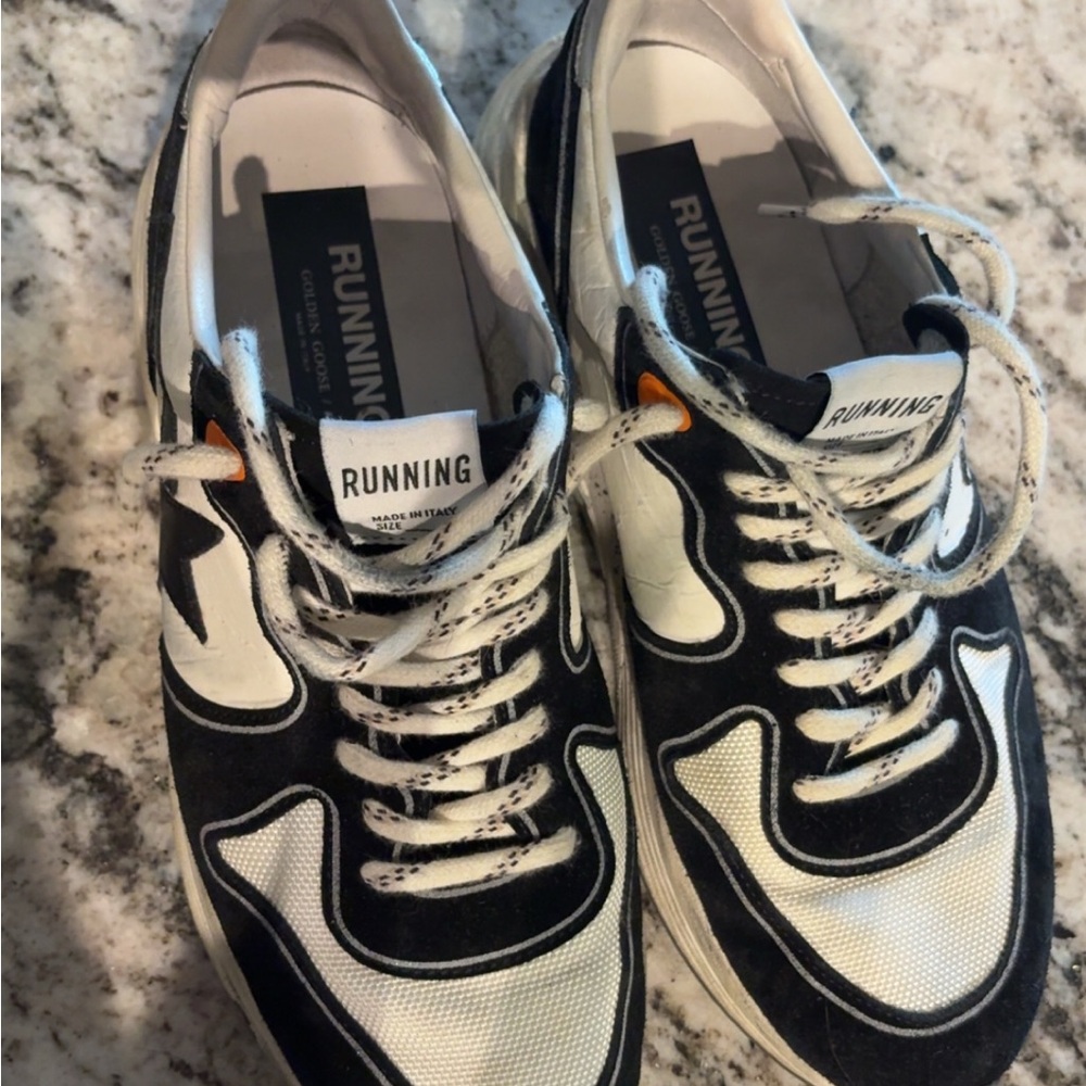 Golden Goose Black and White Sneakers with Orange Detail